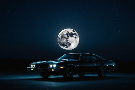 Retro car on road at night with full moon in the backgroundの素材
