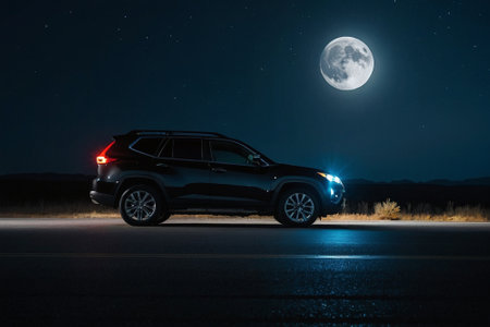 SUV car on the road at night with full moon in the backgroundの素材