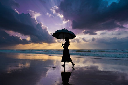Silhouette of a woman with umbrella on the beach at sunsetの素材