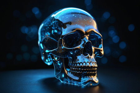 Skull with blue light on dark background. 3d illustration.の素材