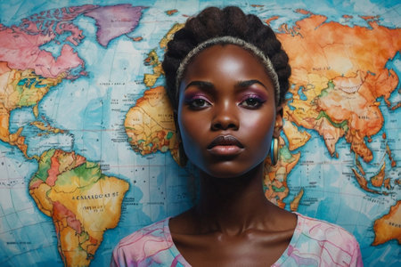 young pretty african american woman with creative make up on world map background, lifestyle people conceptの素材