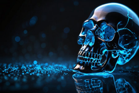 Human skull on black background with blue bokeh. 3D renderingの素材