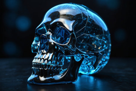 Skull in a crystal ball on a black background. 3d illustrationの素材