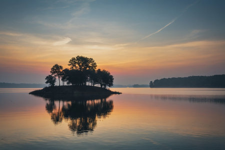 Lonely tree on a small island at sunrise in the lakeの素材