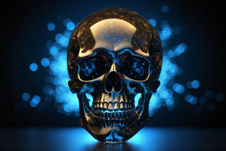 3d illustration of human skull with glowing particles on dark blue backgroundの素材