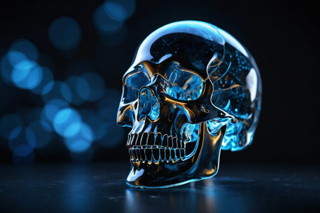 Human skull on black background with blue bokeh. 3d illustrationの素材