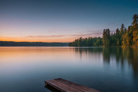 Sunrise on the lake in the forest. Long exposure photography.の素材