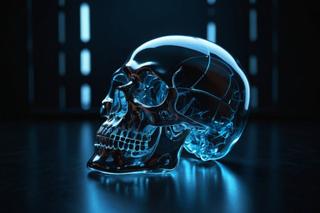 Skull in neon light on dark background. 3D rendering.の素材