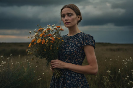 Portrait of a girl with a bouquet of wildflowers in the fieldの素材