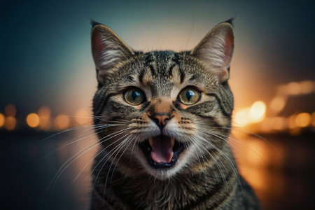 Close up portrait of a tabby cat yawning on the street at nightの素材