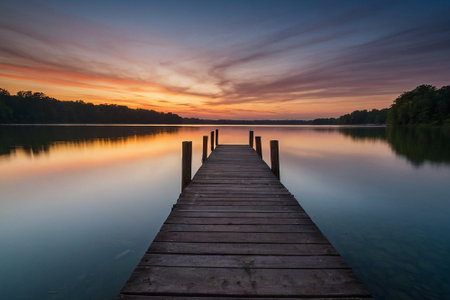 Wooden pier on the lake at sunset. Beautiful summer landscape.の素材