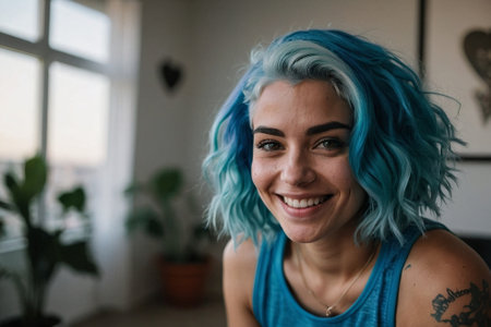 Portrait of a beautiful young woman with blue hair at home.の素材