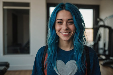 Portrait of smiling young woman with blue hair standing in fitness studioの素材