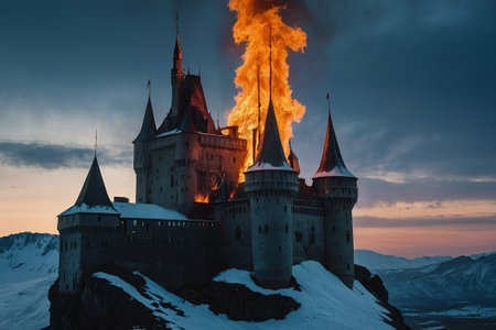Flaming castle on the top of a mountain at sunset.の素材