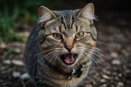 Portrait of a tabby cat with open mouth and tongue outの素材