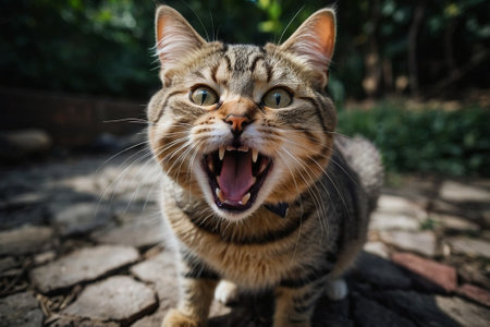 Portrait of a cat yawning on the ground in the gardenの素材