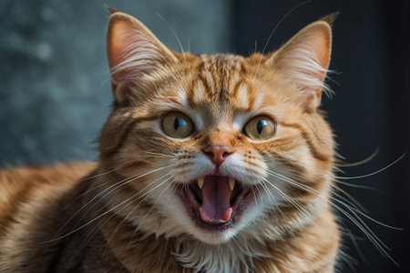 Cute ginger cat yawns and shows tongue. Close up.の素材