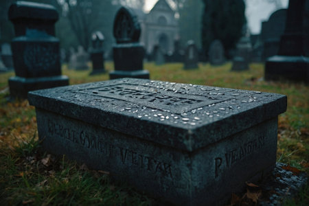Gravestones in the old Jewish cemetery in the foggy morningの素材