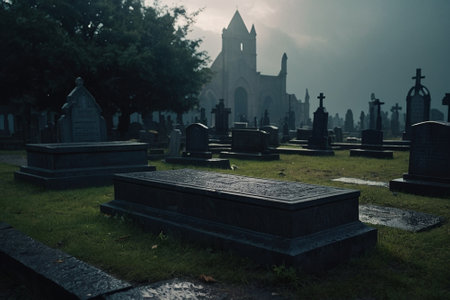 Old cemetery in the misty morning. Halloween, horror concept.の素材