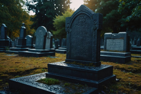 Old Jewish cemetery with tombstones and gravestones in the evening.の素材