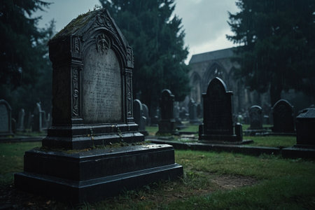 Old cemetery in foggy day, Poland. Selective focus.の素材
