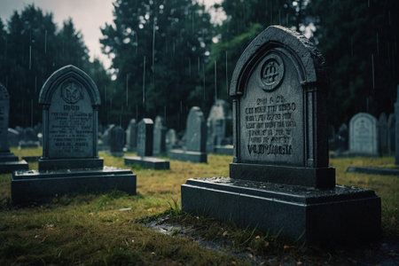 Old gravestone in a cemetery in the rain. Selective focus.の素材