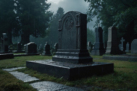 Gravestones in a cemetery in the misty foggy nightの素材