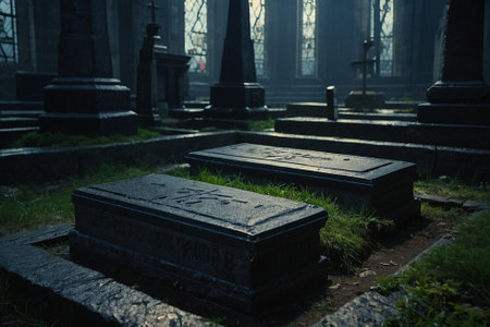 Old tombstones at the old cemetery in Prague, Czech Republic.の素材