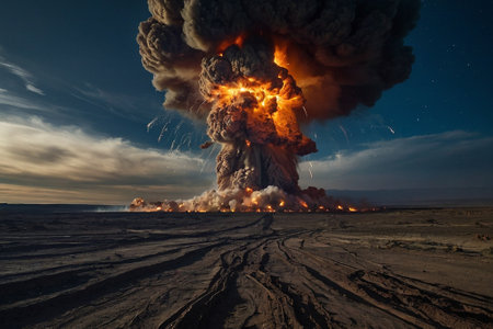 Volcanic eruption on the beach at night. Big explosion in the desert.の素材