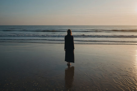 Young woman standing on the beach and looking at the sea at sunsetの素材