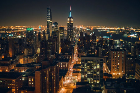 New York City Manhattan midtown skyline at night with skyscrapers.の素材