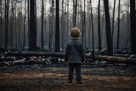 A boy stands in the middle of a burnt forest and looks into the distanceの素材
