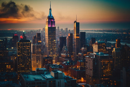 New York City Manhattan skyline panorama with Empire State Building at sunset.の素材