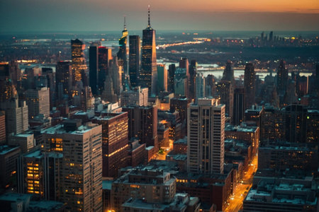 Aerial view of Manhattan at sunset, New York City, USA.の素材