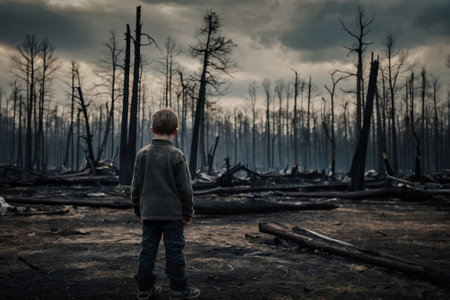 A child stands in the middle of a burnt forest and looks into the distance.の素材