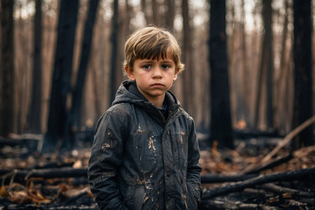 Little boy in the forest after a forest fire. Selective focus.の素材