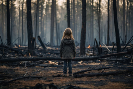 Little girl standing in the middle of a forest and looking at the fireの素材