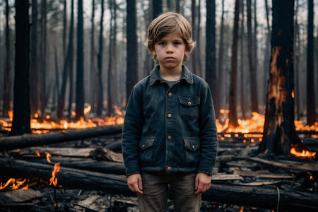 Portrait of a boy in the forest. The child is afraid of fire.の素材