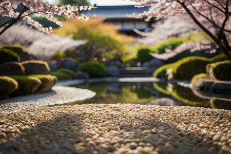 zen garden with cherry blossom in Japan. selective focus.の素材