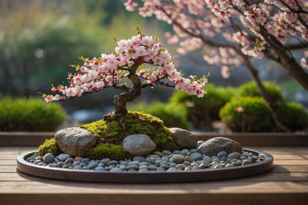 Bonsai tree with pink flowers and pebbles on wooden tableの素材