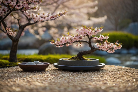 Bonsai tree in Japanese garden with blooming cherry blossomsの素材