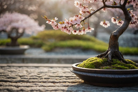 Bonsai tree with blooming cherry blossoms in Japan.の素材