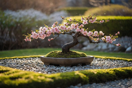 Bonsai tree with pink flowers in Japanese garden. Selective focus.の素材