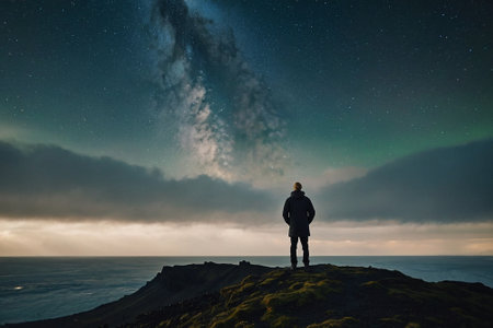 Man standing on the top of the mountain and looking at the milky wayの素材