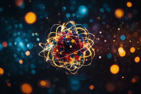 3D illustration of atom model in space with colorful bokehの素材