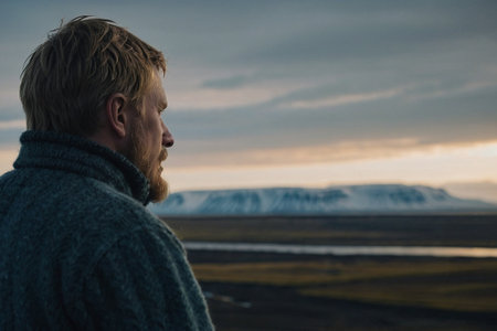 Young man with a beard and sweater looking at the landscape of Iceland.の素材