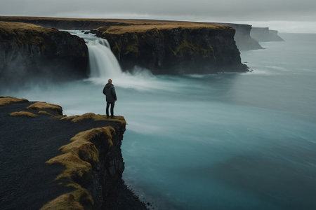 Tourist standing on a cliff and looking at a waterfall in Icelandの素材