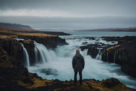 A man standing in front of Seljalandsfoss waterfall, Icelandの素材
