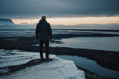 A man standing on a rock and looking at the landscape of Iceland.の素材