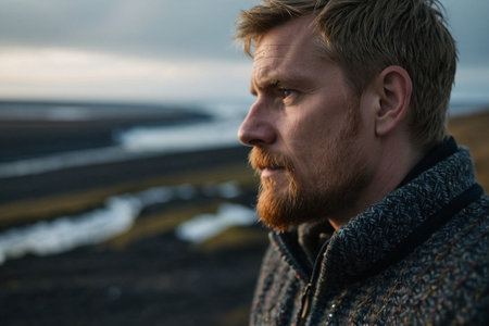 Portrait of a bearded man on a black sand beach in Icelandの素材